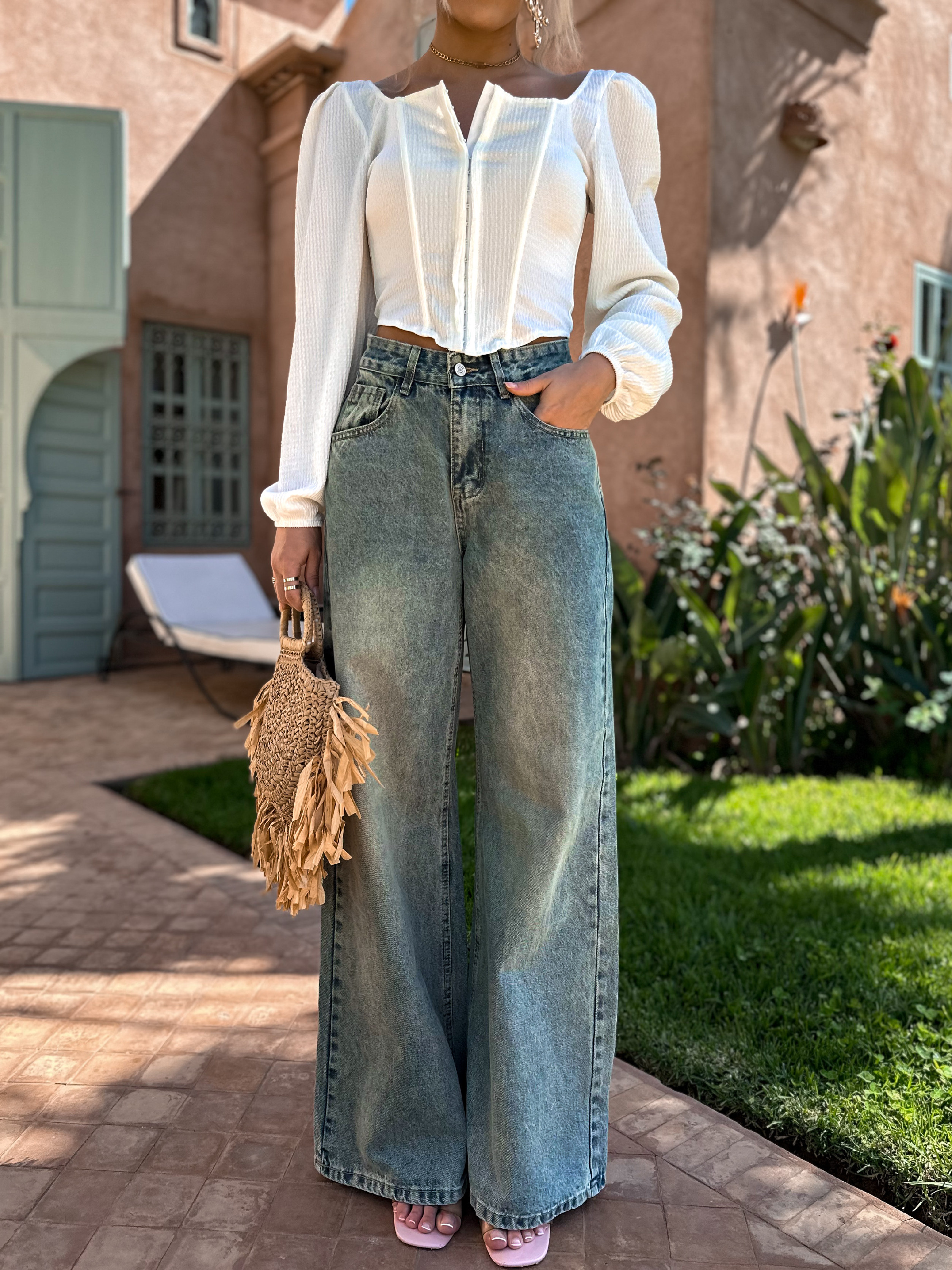 Modrozelené wide leg široké džíny KAWAS 