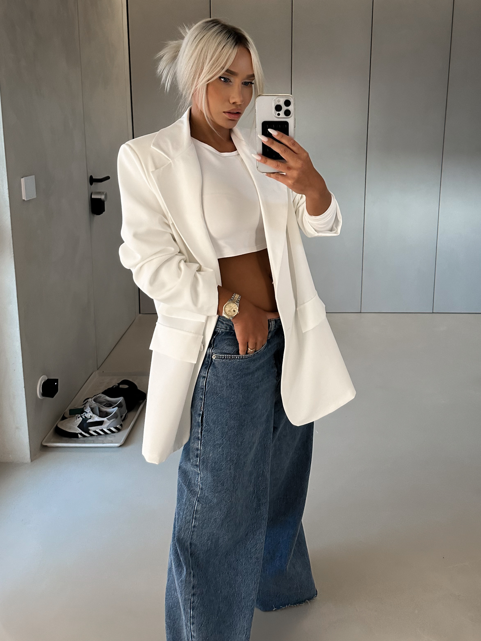 Levně Bílé oversize maxi sako NAKLOV s vycpávkami na ramenou