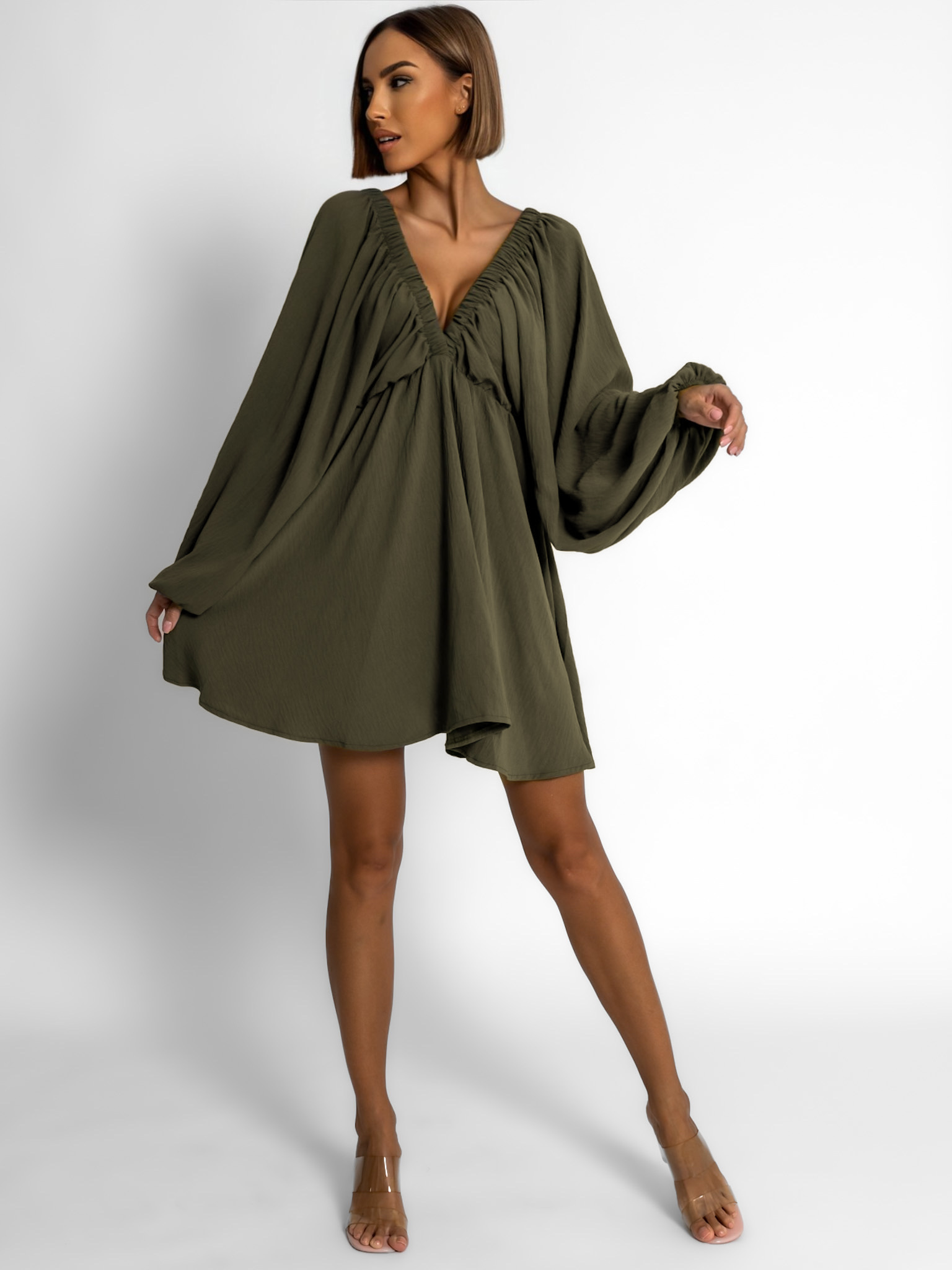 Levně Khaki krátké basic boho šaty RANGE