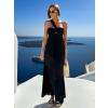 Černé dlouhé plisované saténové šaty TOKIA