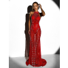 Červené dlouhé třpytivé večerní šaty FARMER s kamínky