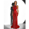 Červené dlouhé třpytivé večerní šaty FARMER s kamínky