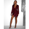 Bordó zavinovací flitrované krátké šaty KORORA s dlouhým rukávem