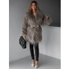 Hnědý faux fur kožešinový delší kabátek ALBERTO s páskem
