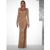 Hnědé večerní luxusní třpytivé šaty JAZUCI s rozparkem a body