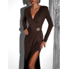 Hnědé zavinovací elegantní dlouhé šaty GIOELE s broží