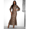 Leopardí večerní šaty APRICOT s dlouhým rukávem
