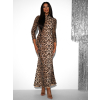 Leopardí večerní šaty APRICOT s dlouhým rukávem
