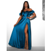 Petrolejové večerní saténové dlouhé šaty EBOLIA