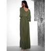 Olivové dlouhé společenské šaty JOELLIAN s dlouhým rukávem