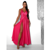 Růžové dlouhé saténové šaty PERFECTLY s výstřihem