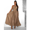 Světle hnědé dlouhé lesklé saténové šaty MADES se zavazováním