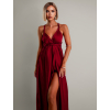 Bordó saténové šaty VALERDI s variabilním vázáním a rozparkem