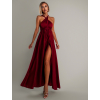 Bordó saténové šaty VALERDI s variabilním vázáním a rozparkem