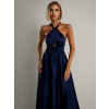 Tmavě modré saténové šaty VALERDY s variabilním vázáním / bez rozparku