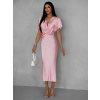 Růžové saténové midi šaty MIRIAM s krátkým rukávem