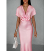Růžové saténové midi šaty MIRIAM s krátkým rukávem