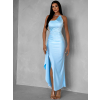 Světle modré asymetrické šaty ARWEN s rozparkem