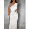 Bílé saténové midi šaty ROULES na jedno rameno