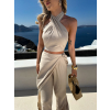 Béžový kalhotový komplet MAXENA s překříženým topem