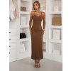 Tmavě hnědé dlouhé šaty SLOMYX se špagetovými ramínky