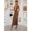 Tmavě hnědé dlouhé šaty SLOMYX se špagetovými ramínky
