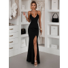 Černé dlouhé saténové šaty ERIKAL s rozparkem a šněrováním