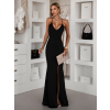 Černé dlouhé saténové šaty ERIKAL s rozparkem a šněrováním
