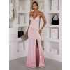 Starororůžové dlouhé saténové šaty ERIKAL s rozparkem a šněrováním