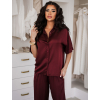 Vínová saténová letní košile JOLENE s krátkým rukávem