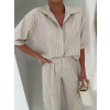 Béžový pruhovaný lněný dlouhý kalhotový komplet VELIOR