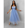 Modré společenské tylové midi šaty SOLAVIE
