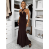 Tmavě hnědé dlouhé společenské šaty CAELINA s vlečkou