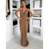 Hnědé dlouhé řasené společenské šaty MIRRU