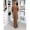 Hnědé dlouhé řasené společenské šaty MIRRU