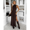 Tmavě hnědé přiléhavé dlouhé šaty DRYNA s rozparkem