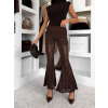 Hnědé krajkové dlouhé zvonové kalhoty FYNORIA