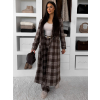 Hnědý kostkovaný károvaný dlouhý kabát OPHELYN