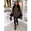 Tmavě hnědý koženkový elegantní kabát MOKARYA s kožíškem