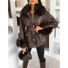 Tmavě hnědý koženkový elegantní kabát MOKARYA s kožíškem