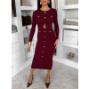 Vínové úpletové elegantní šaty CRESTILO s dlouhým rukávem