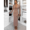 Světle hnědé dlouhé šaty MARVO s hlubokým výstřihem