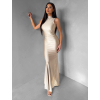 Béžové dlouhé společenské šaty LETERA s rozparkem