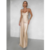 Béžové zlaté společenské dlouhé šaty SATIN s rozparkem