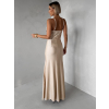 Béžové zlaté společenské dlouhé šaty SATIN s rozparkem