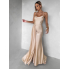 Béžové zlaté společenské dlouhé šaty SATIN s rozparkem