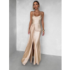 Béžové zlaté společenské dlouhé šaty SATIN s rozparkem