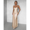 Béžové zlaté společenské dlouhé šaty SATIN s rozparkem