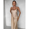 Béžové zlaté společenské dlouhé šaty SATIN s rozparkem