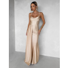 Béžové zlaté společenské dlouhé šaty SATIN s rozparkem